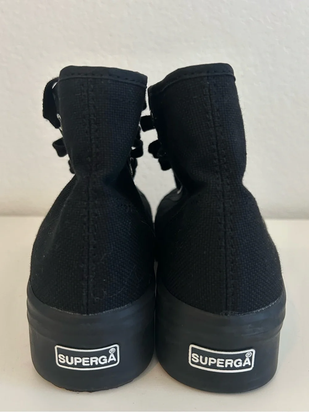 Superga High-Top Black Canvas Platform Sneakers with Black Soles, Women Size 7.5